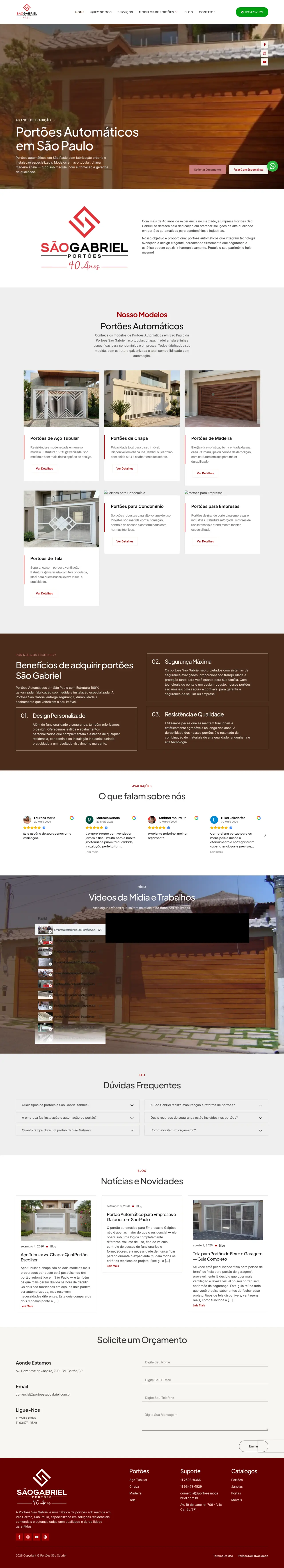 Site da Portões São Gabriel no computador, página inicial completa