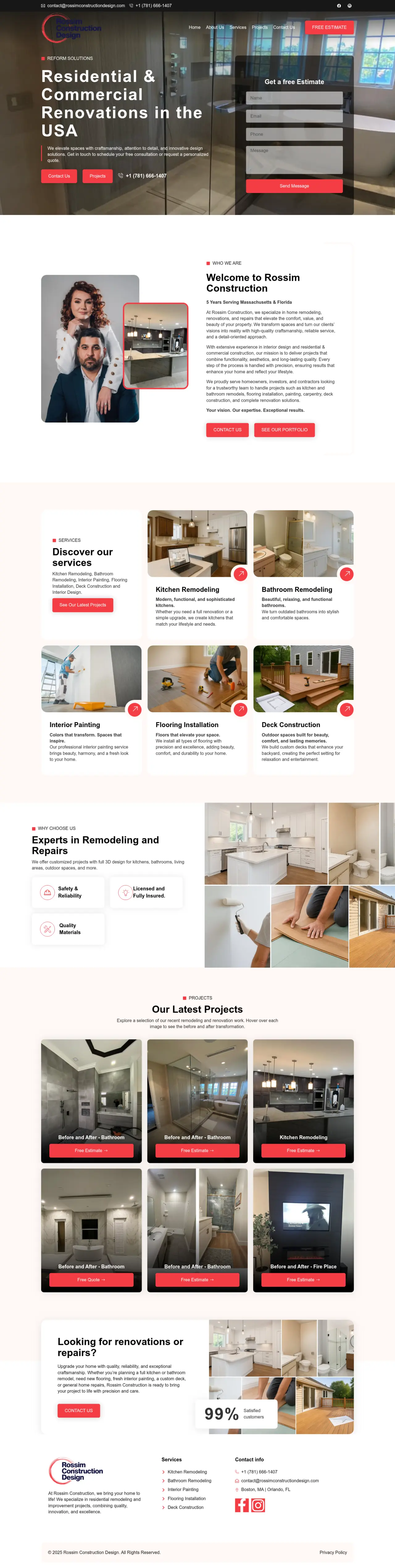 Site da Rossim Construction no computador, página inicial completa